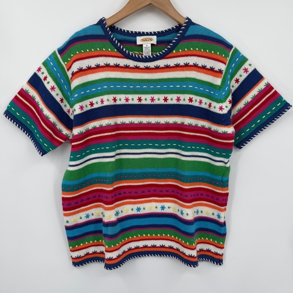 Vintage Talbots Multicolor Rainbow Striped Knit Embroidered Short Sleeve Sweater